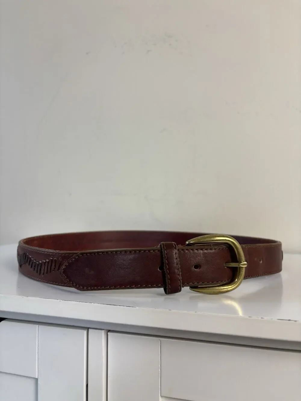 Vtg 90s Donna Katz Brown Genuine Leather Belt Whipstitch Western Boho M/L